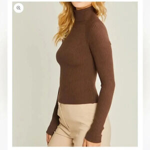 Mary Turtleneck Ribbed Top Soft Stretchy Material Color Brown Long Sleeve Fitted